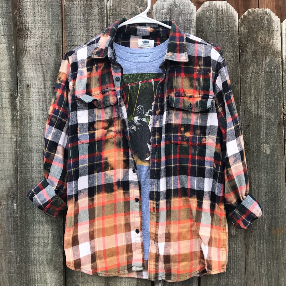Upcycled distressed bleached flannel boys XL